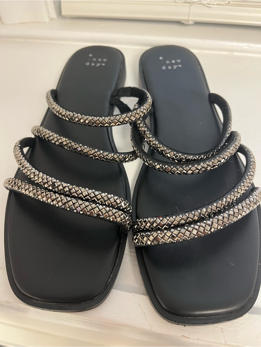 a new day Black Slide Sandals with Silver Braided Straps